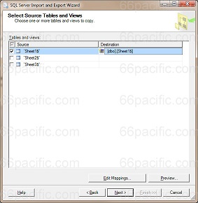Select Source Tables and Views page in the SQL Server Import and Export Wizard