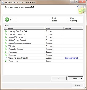 The execution was successful page in the SQL Server Import and Export Wizard