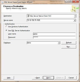 Chose a Data Destination page in the SQL Server Import and Export Wizard