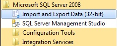 Windows menu showing SQL Server Import and Export Wizard